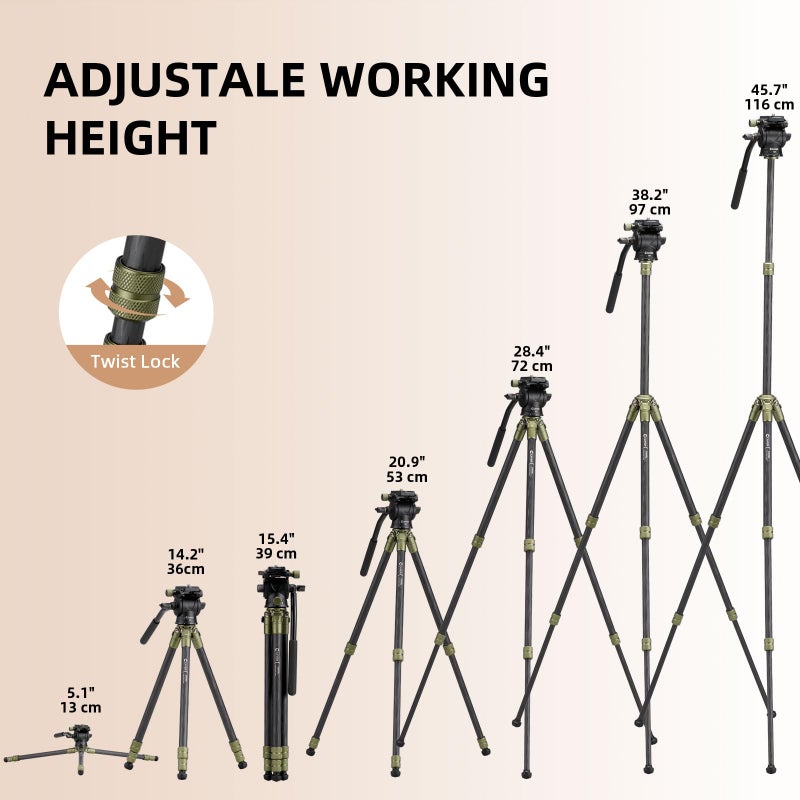 Cayer CH10L Carbon Fiber Tripod with S1 Mini Fluid Head, 28" Compact Desktop Stand, Tabletop Camera Support with Center Column for Mirrorless Cameras Video Camcorder Mobile Phone Webcam - Green - Image 5