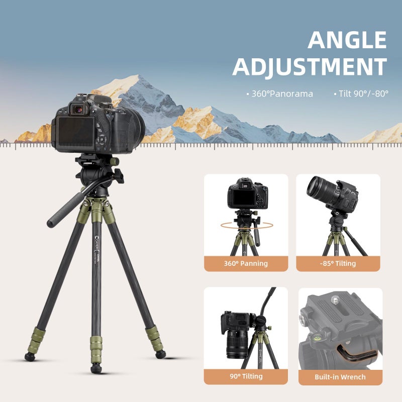 Cayer CH10L Carbon Fiber Tripod with S1 Mini Fluid Head, 28" Compact Desktop Stand, Tabletop Camera Support with Center Column for Mirrorless Cameras Video Camcorder Mobile Phone Webcam - Green - Image 3