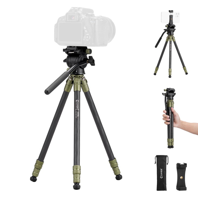 Cayer CH10L Carbon Fiber Tripod with S1 Mini Fluid Head, 28" Compact Desktop Stand, Tabletop Camera Support with Center Column for Mirrorless Cameras Video Camcorder Mobile Phone Webcam - Green - Image 1
