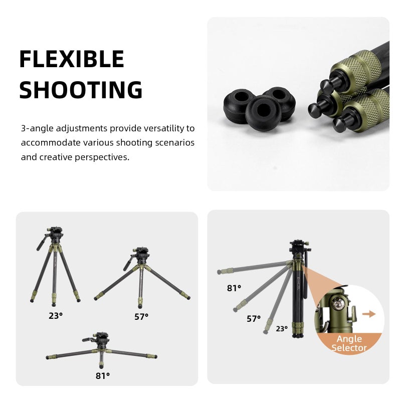 Cayer CH10L Carbon Fiber Tripod with S1 Mini Fluid Head, 28" Compact Desktop Stand, Tabletop Camera Support with Center Column for Mirrorless Cameras Video Camcorder Mobile Phone Webcam - Green - Image 2