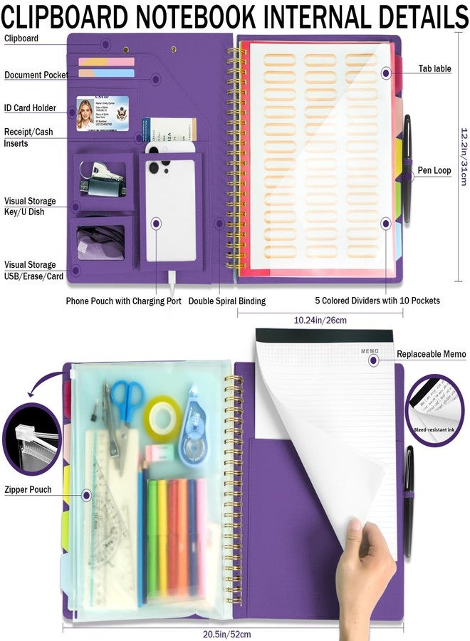 KLLVE Purple Foldable Spiral Clipboard Folio with Storage Zipper Pouch, 5 Plastic Folders with Pockets,Refillable Lined Notepad (8.5" x 11"), Hardcover Project Organizer with 36 Stickers - Image 2
