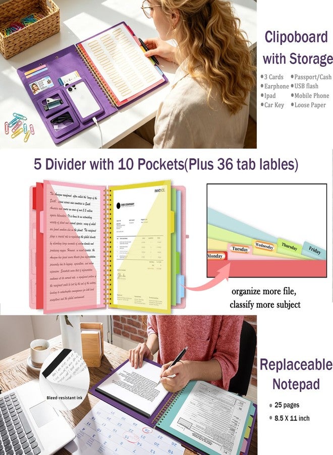 KLLVE Purple Foldable Spiral Clipboard Folio with Storage Zipper Pouch, 5 Plastic Folders with Pockets,Refillable Lined Notepad (8.5" x 11"), Hardcover Project Organizer with 36 Stickers - Image 3