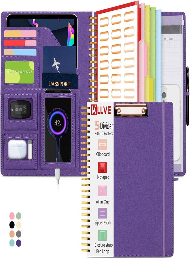 KLLVE Purple Foldable Spiral Clipboard Folio with Storage Zipper Pouch, 5 Plastic Folders with Pockets,Refillable Lined Notepad (8.5" x 11"), Hardcover Project Organizer with 36 Stickers - Image 1