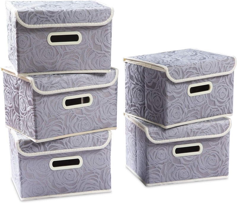 PRANDOM Stackable Storage Boxes with Lids [5-Pack] Fabric Decorative Storage Bins Cubes Organizer Containers Baskets with Cover Handles Divider for Bedroom Closet Living Room Grey 9.8x7.9x6.7 Inch - Image 1