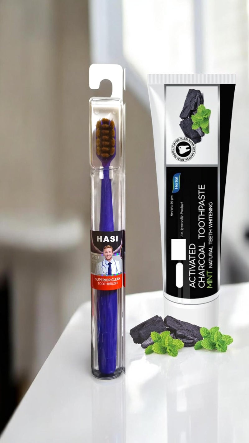 Complete Whitening Offer: Herbal Activated Charcoal Mint Toothpaste (140ml Family Size) + HASI Superior Clean Toothbrush (Multiple Colors) - Natural Protection & Professional Hygiene