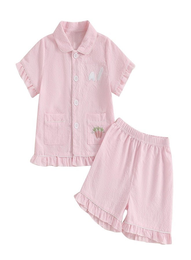 Multitrust Kids Baby Girl Easter Day Pajamas Set Plaid Bunny Carrot Button Down Shirts Ruffled Shorts Casual Girls 2PCS Pj Set (Pink, 12-18 Months) - Image 1