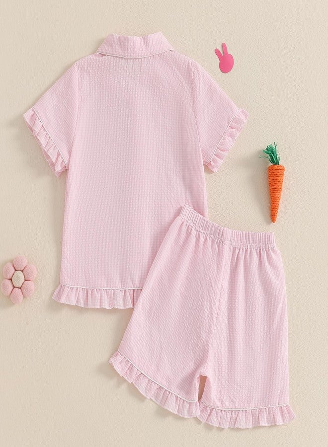 Multitrust Kids Baby Girl Easter Day Pajamas Set Plaid Bunny Carrot Button Down Shirts Ruffled Shorts Casual Girls 2PCS Pj Set (Pink, 12-18 Months) - Image 2
