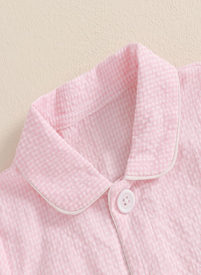 Multitrust Kids Baby Girl Easter Day Pajamas Set Plaid Bunny Carrot Button Down Shirts Ruffled Shorts Casual Girls 2PCS Pj Set (Pink, 12-18 Months) - Image 3