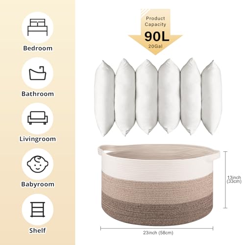 OIAHOMY Extra Large Storage Basket, 23" x 13" Woven Blanket Storage for Living Room, Round Laundry Basket for Pillow - Gradient Brown - Image 3