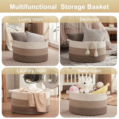 OIAHOMY Extra Large Storage Basket, 23" x 13" Woven Blanket Storage for Living Room, Round Laundry Basket for Pillow - Gradient Brown - Image 4