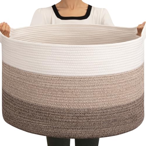 OIAHOMY Extra Large Storage Basket, 23" x 13" Woven Blanket Storage for Living Room, Round Laundry Basket for Pillow - Gradient Brown - Image 1