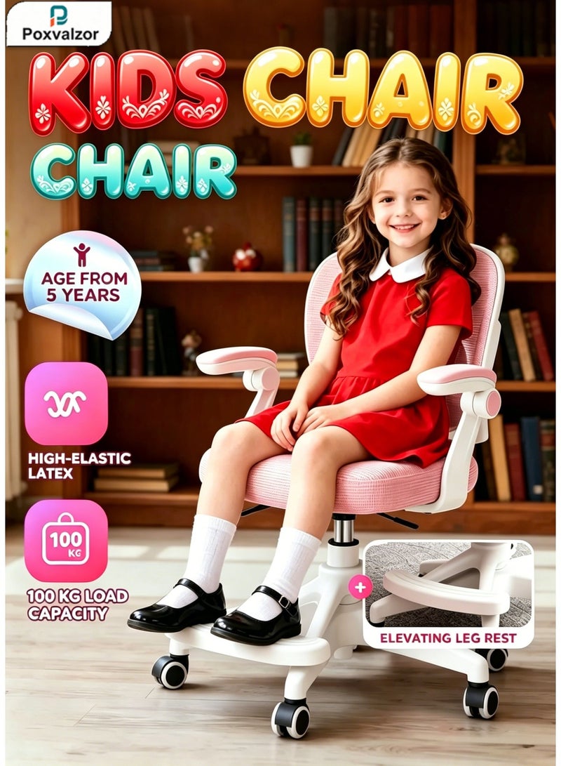 Poxvalzor Children's Ergonomic Study Chair, Adjustable Height Kids Office Chair with Armrests & Lumbar Support, Self-Locking Wheels, Computer Desk Chair for Boys & Girls – Pink - Image 1