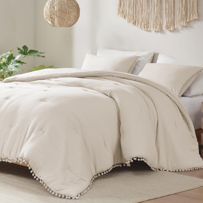 كودي مجموعة Codi Beige King Comforter - Boho الجمالية الفاخرة الفاخرة الفاخرة للفتيات اللطيفات الناعمة الألياف الدقيقة مغسولة مجموعات سرير خفيفة الوزن 3pcs 1 المعزي و 2 وسادات (104 × 90 بوصة) - Image 2