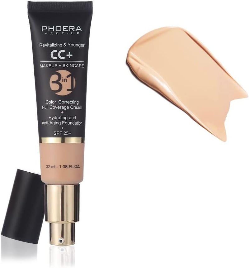 كريم أساس PHOERA المضاد للشيخوخة مع تصحيح اللون تغطية كاملة SPF 25 خافي عيوب متجدد مع الفيتامينات للهالات السوداء وآثار حب الشباب والتجاعيد والاحمرار Nude