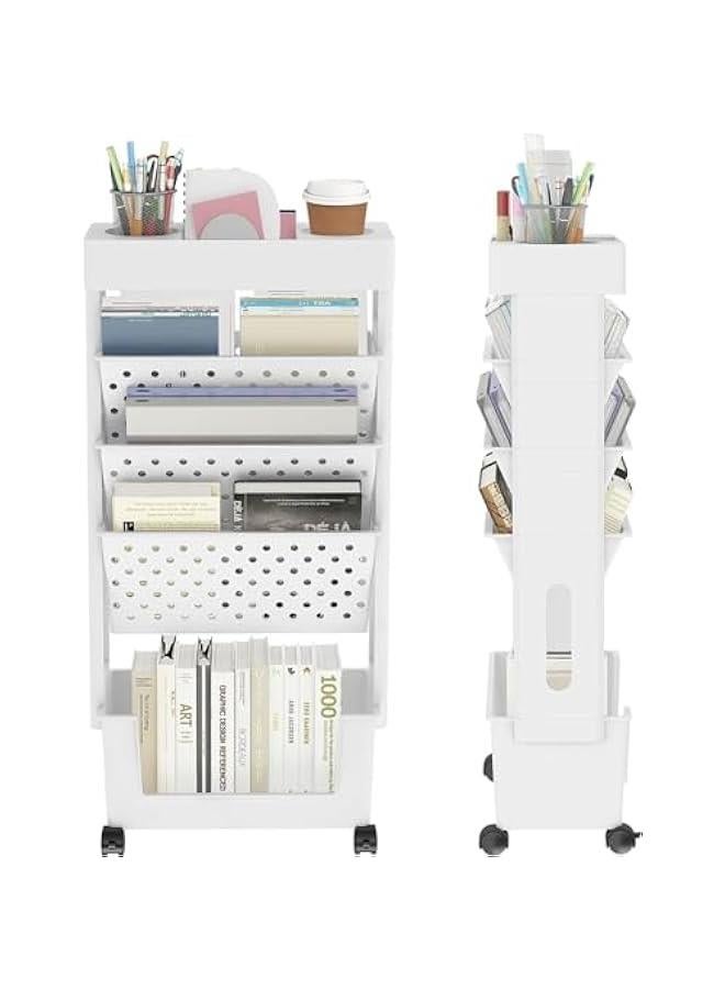 HOOKOR 5 Tier Rolling Utility Cart Multi-Functional Movable Storage Book Shelves with Lockable Casters for Study Office Kitchen Classroom, White - Image 1