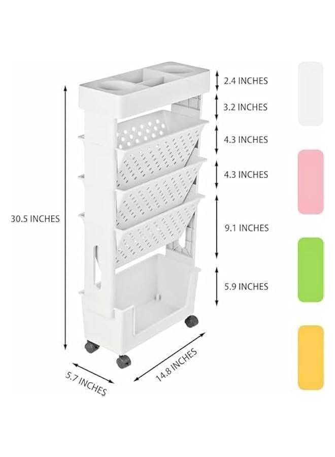 HOOKOR 5 Tier Rolling Utility Cart Multi-Functional Movable Storage Book Shelves with Lockable Casters for Study Office Kitchen Classroom, White - Image 2