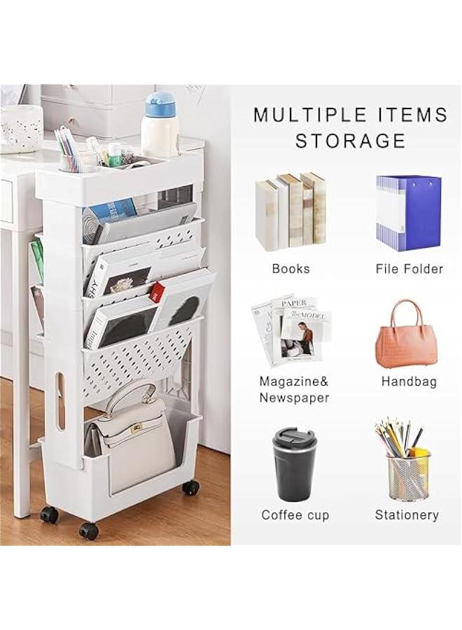 HOOKOR 5 Tier Rolling Utility Cart Multi-Functional Movable Storage Book Shelves with Lockable Casters for Study Office Kitchen Classroom, White - Image 3