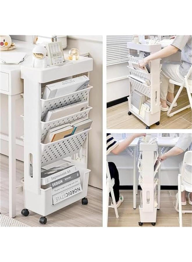 HOOKOR 5 Tier Rolling Utility Cart Multi-Functional Movable Storage Book Shelves with Lockable Casters for Study Office Kitchen Classroom, White - Image 4