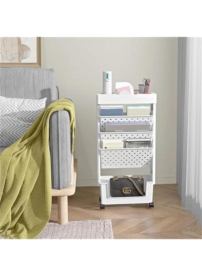HOOKOR 5 Tier Rolling Utility Cart Multi-Functional Movable Storage Book Shelves with Lockable Casters for Study Office Kitchen Classroom, White - Image 5