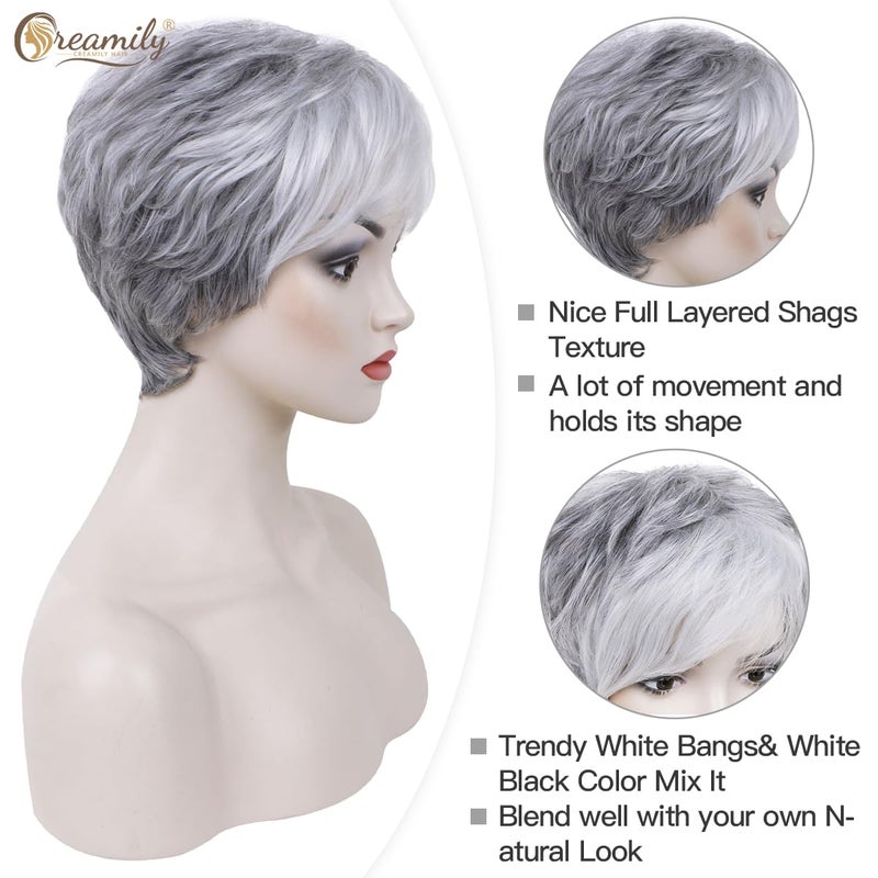 Creamily Short Grey Pixie Cut Wigs with White Bangs Gray Pixie Layered Synthetic Hair Replacement Wig for Women Daily Wear Cosplay Halloween Costume Wigs - Image 4