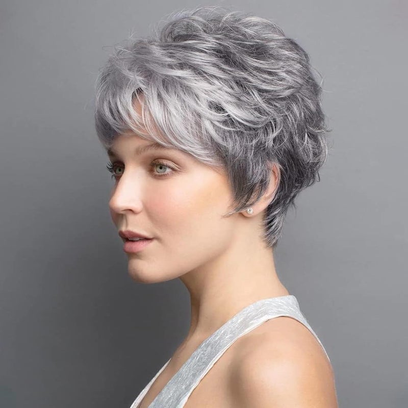 Creamily Short Grey Pixie Cut Wigs with White Bangs Gray Pixie Layered Synthetic Hair Replacement Wig for Women Daily Wear Cosplay Halloween Costume Wigs - Image 1