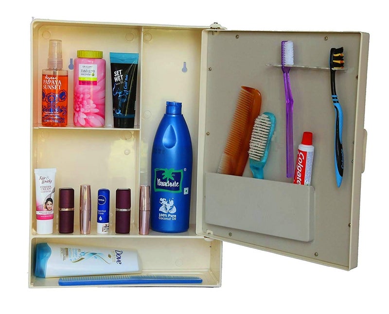 Epraiser Bathroom Cabinet with Mirror Door Open Shelf Toothbrush Holder Model Style 5 Shelves_Ivory_14 Inch x 10 Inch x 4 Inch