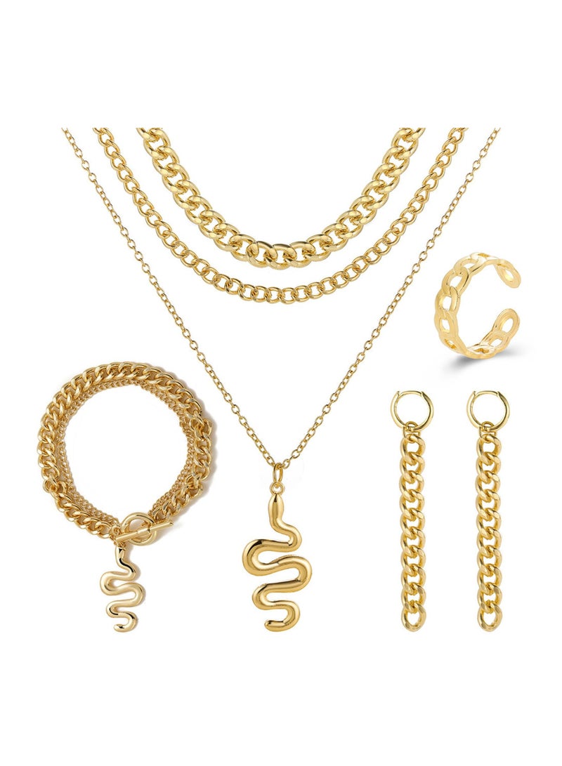 KASTWAVE Snake Jewelry Set for Women, Egypt Style Gold Snake Necklace Earrings Bracelet Rings, Personalized Punk Snake Jewelry Set for Role Play Halloween Carnival - 4Pcs - Image 1