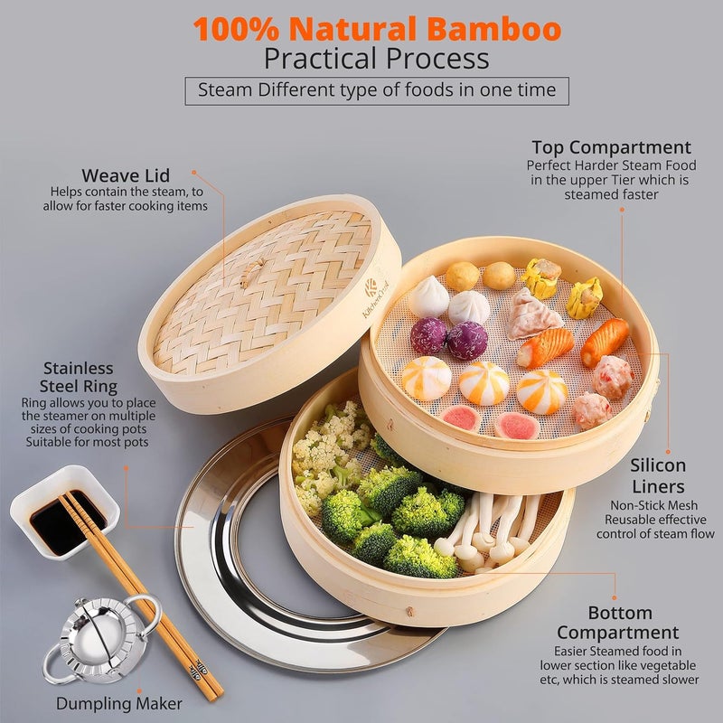 KitchenCrust KITCHEN CRUST Full Set Bamboo Steamer for Authentic Chinese Asian Cuisine - 2 Tier 10-Inch Steam Basket Bun Steamer, Flawless Dumpling Maker, Sauce Dish, 2x Pair Chopsticks, 2x Reusable Liners, Ring - Image 5
