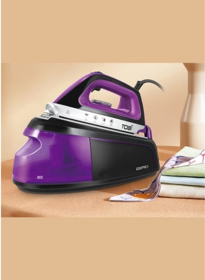 TOBI مكواة بخار TOBI SteamPro Surge+ 2400W الاحترافية مع خزان ماء قابل للفصل – تسخين سريع، مضادة للتنقيط، قاعدة سيراميك، بنفسجي/أسود - Image 2