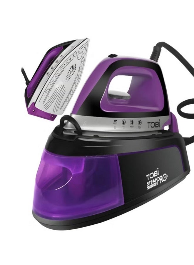 TOBI مكواة بخار TOBI SteamPro Surge+ 2400W الاحترافية مع خزان ماء قابل للفصل – تسخين سريع، مضادة للتنقيط، قاعدة سيراميك، بنفسجي/أسود - Image 1