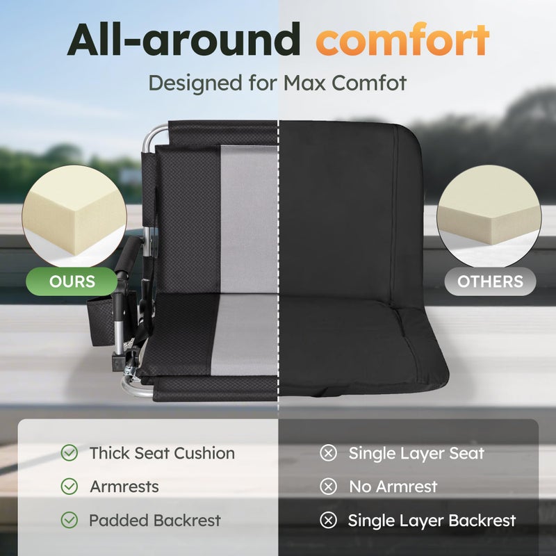 LET'S CAMP 2 Pack Folding Stadium Seats, Portable Bleacher Chairs with Comfortable Cushions, Cup Holder and Mesh Bag, Perfect for Sports Games and Outdoor Activities - Image 2