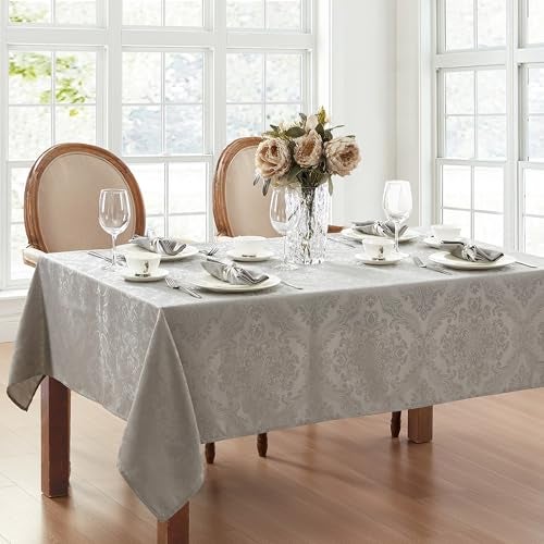 Elrene Home Fashions Caiden Elegance Damask Waterproof Stain Wrinkle Resistant Fabric Tablecloth 60 x 84 OblongRectangle Silver - Image 3