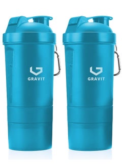 Gravit Protein Shaker Bottle 550ml Leak Proof Gym Protein Mixer - 3 Layer Non-Slip BPA Free Plastic Shaker Cup with Pill Tray & Protein Powder Container - For Home Office Gym Car Sport (2 Piece Set, Blue)  - Image 1