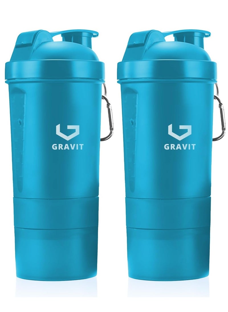 Gravit Protein Shaker Bottle 550ml Leak Proof Gym Protein Mixer - 3 Layer Non-Slip BPA Free Plastic Shaker Cup with Pill Tray & Protein Powder Container - For Home Office Gym Car Sport (2 Piece Set, Blue)  - Image 1
