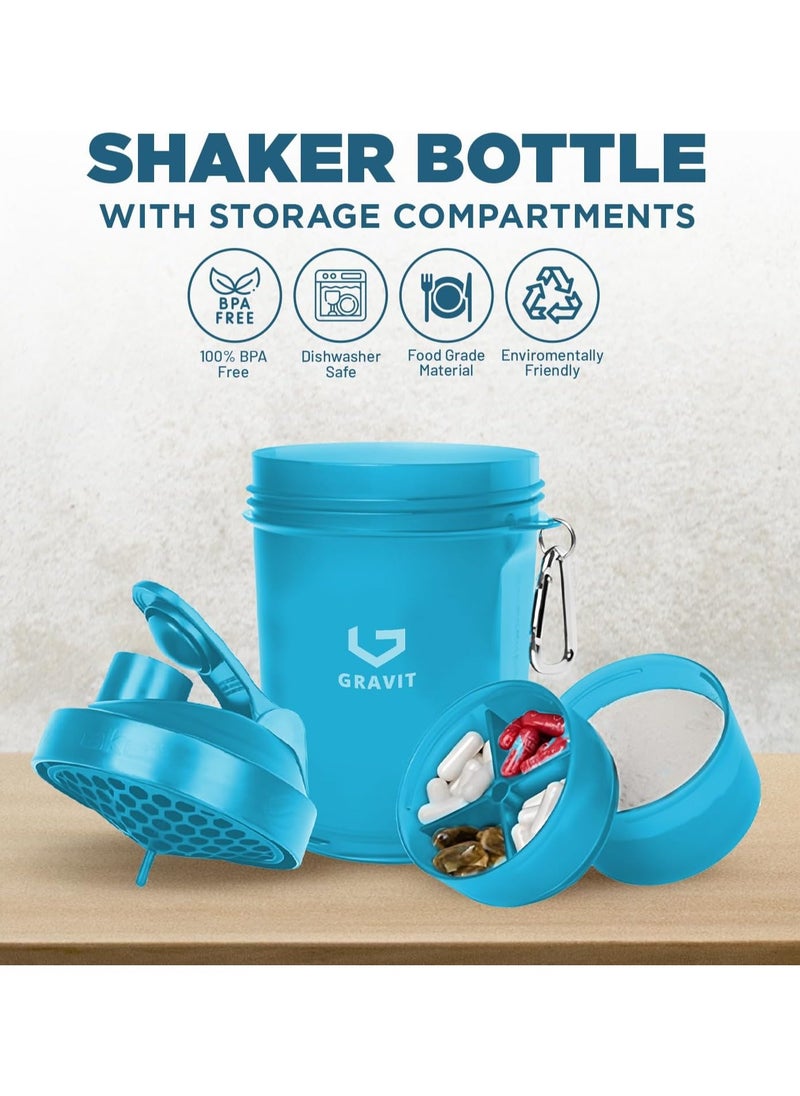 Gravit Protein Shaker Bottle 550ml Leak Proof Gym Protein Mixer - 3 Layer Non-Slip BPA Free Plastic Shaker Cup with Pill Tray & Protein Powder Container - For Home Office Gym Car Sport (2 Piece Set, Blue)  - Image 2