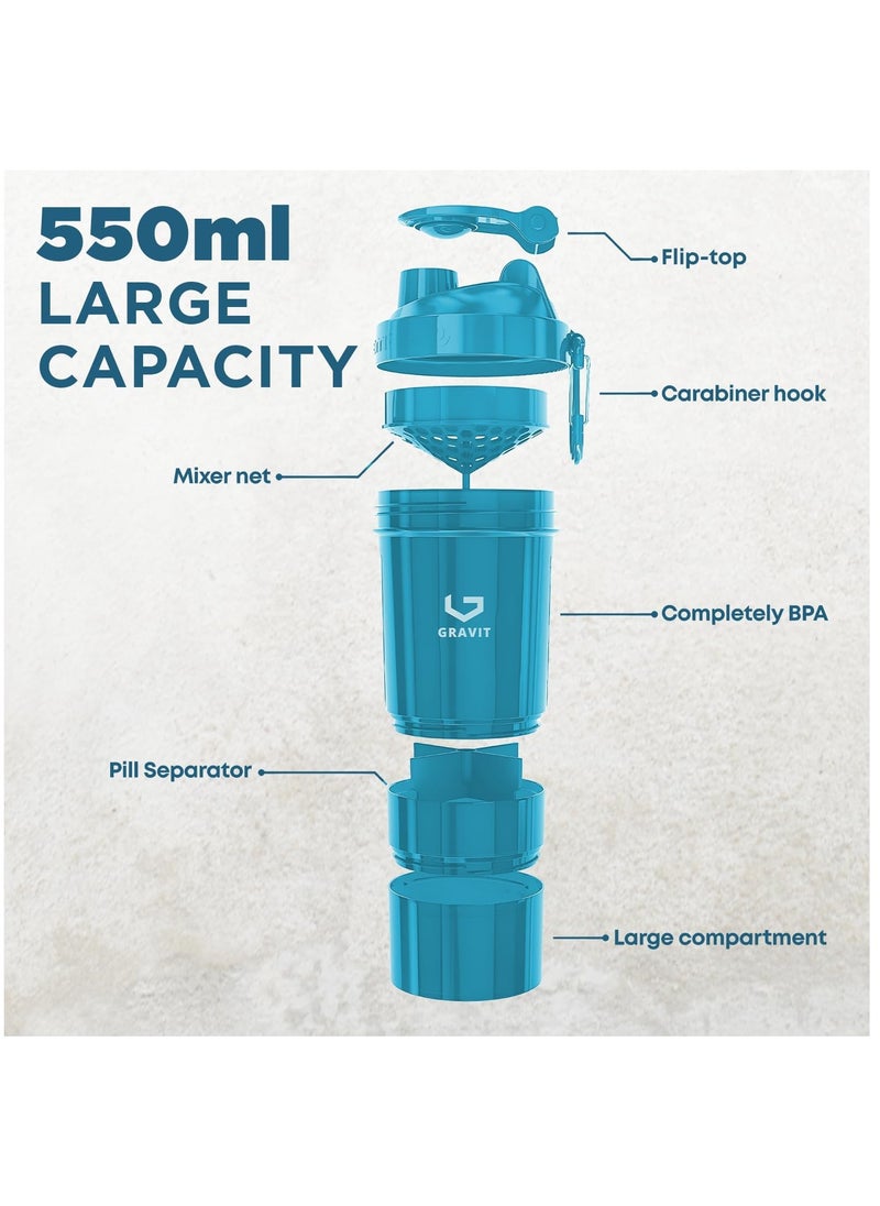 Gravit Protein Shaker Bottle 550ml Leak Proof Gym Protein Mixer - 3 Layer Non-Slip BPA Free Plastic Shaker Cup with Pill Tray & Protein Powder Container - For Home Office Gym Car Sport (2 Piece Set, Blue)  - Image 3