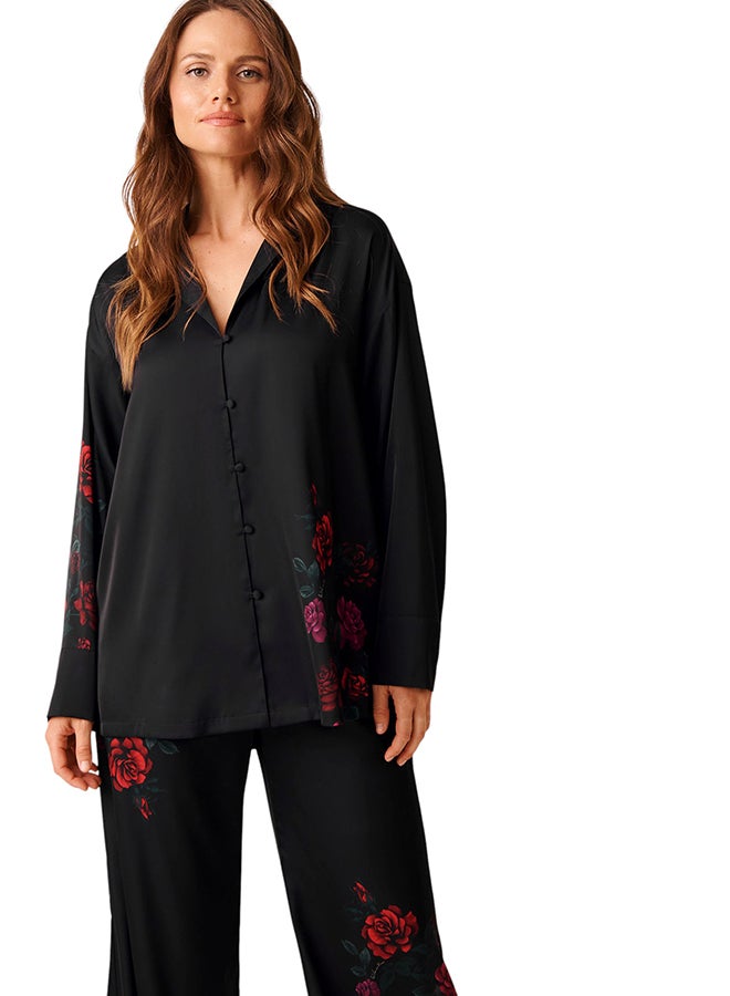 La Vie en Rose Red Rose Print Satin Button-down Shirt - Image 1