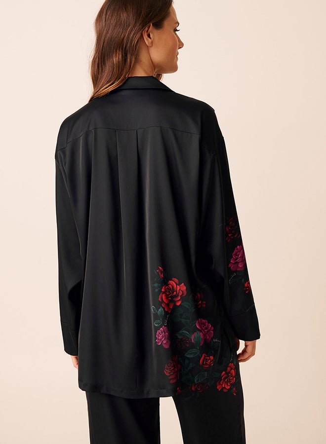 La Vie en Rose Red Rose Print Satin Button-down Shirt - Image 2