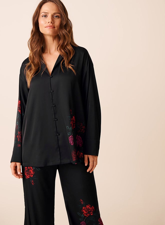 La Vie en Rose Red Rose Print Satin Button-down Shirt - Image 4