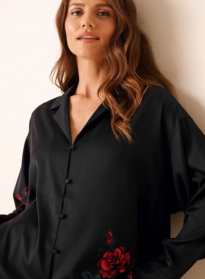 La Vie en Rose Red Rose Print Satin Button-down Shirt - Image 3