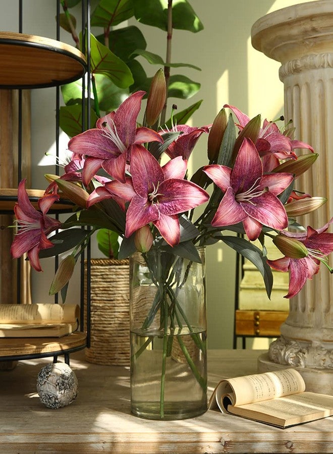 IPOPU Pink Artificial Lily Flowers 5PCS Hot Pink Silk Flowers Tiger Lily Faux Flowers Pink Flower Bulk Floral Arrangement Wedding Party Decor Home Decor - Image 2