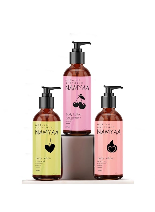 Namyaa Nourishing Body Lotion|With Long Lasting Fragrance|Made with Natural Ingredients |For Dry Skin|Gives Glowing And Ultra Soft Skin, 200ml each| Pack of 3(Aloe Vera, Coconut Oil) - Image 1