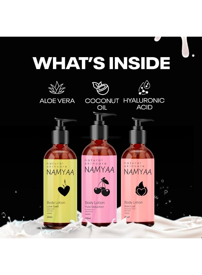Namyaa Nourishing Body Lotion|With Long Lasting Fragrance|Made with Natural Ingredients |For Dry Skin|Gives Glowing And Ultra Soft Skin, 200ml each| Pack of 3(Aloe Vera, Coconut Oil) - Image 3