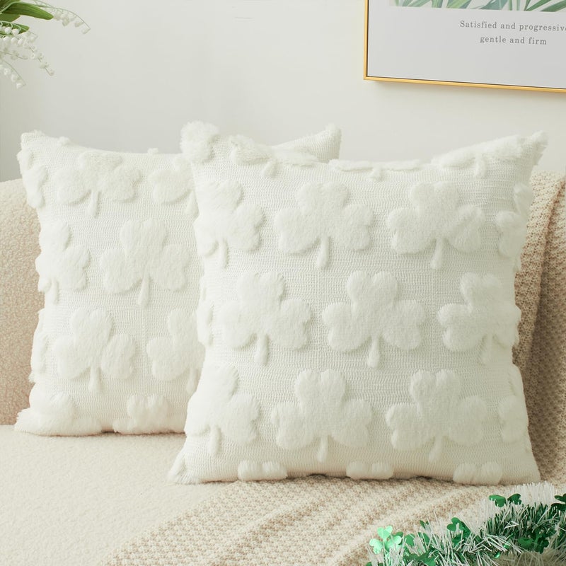 K KEVIN TEXTILE Kevin Textile St Patricks Day Pillow Covers 18 x 18 Inch Pack of 2 Soft Faux Fur Cream Shamrock Decorative Lucky Clover Throw Pillowcase for Spring Home Bed Sofa Couch Cream White - Image 2