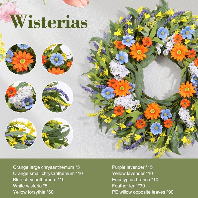 Vsonker Spring Wreath for Front Door 24 Inch, Summer Floral Wreaths with Artificial Daisy and Lavender for All Season Home Decor Easter Indoor Outdoor Wall Home Celebrations - Image 3