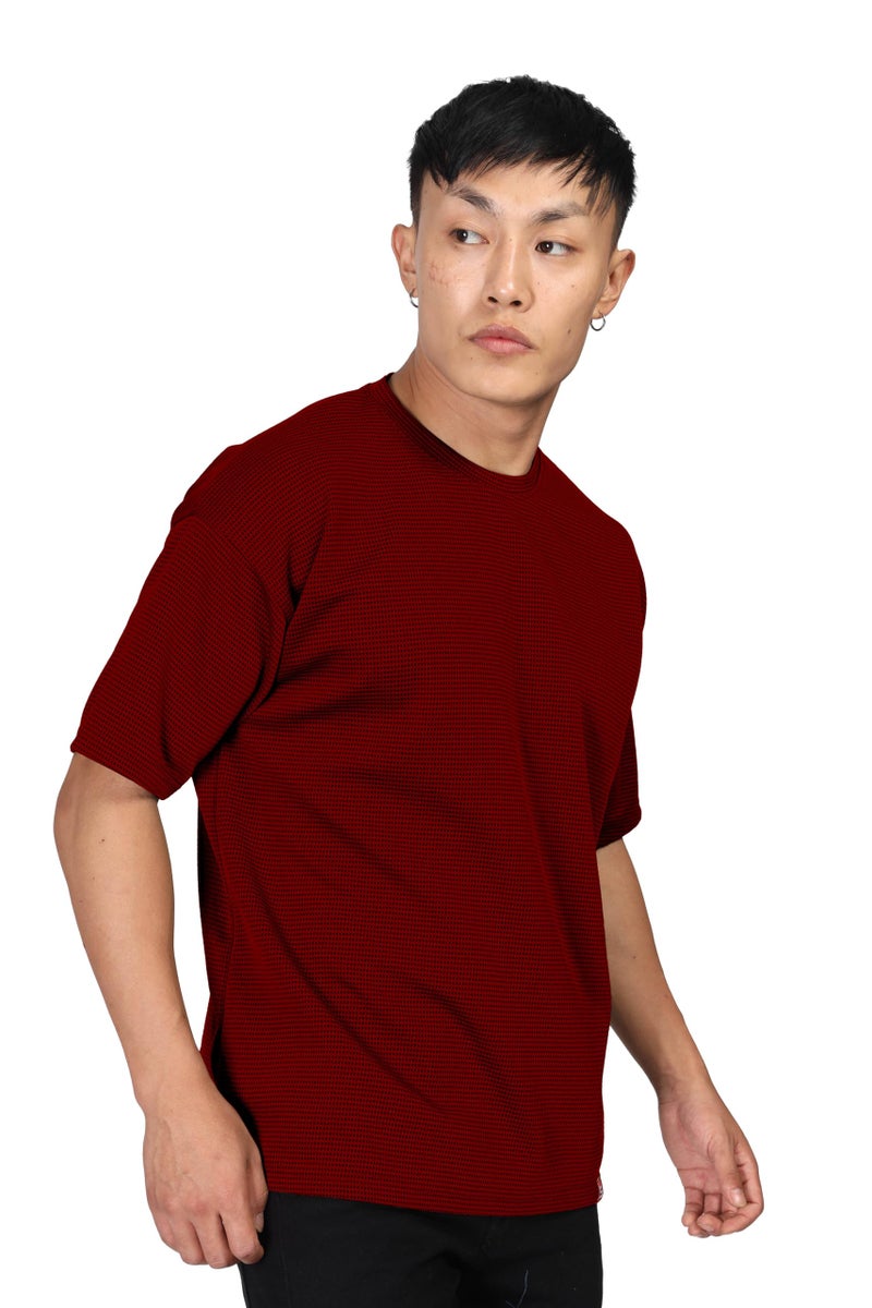 SHODOX® Men Oversized T Shirt Solid Dotted Design | Round Neck Loose Fit Drop Shoulder Casual T-Shirt for Men Red - Image 3
