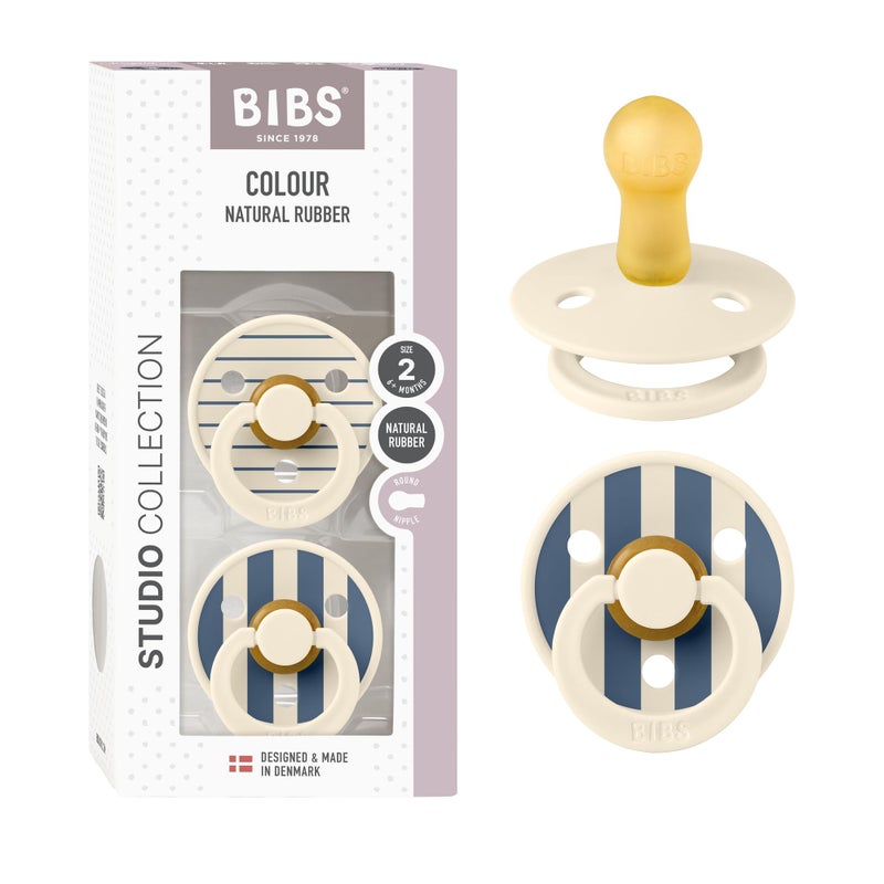 BIBS Pacifiers - Studio 2 Pack | Round Nipple Baby Pacifier | BPA Free Natural Rubber Latex Soother | Made in Denmark | Size 6+ Months | Pin Ivory Steel Blue - Image 1