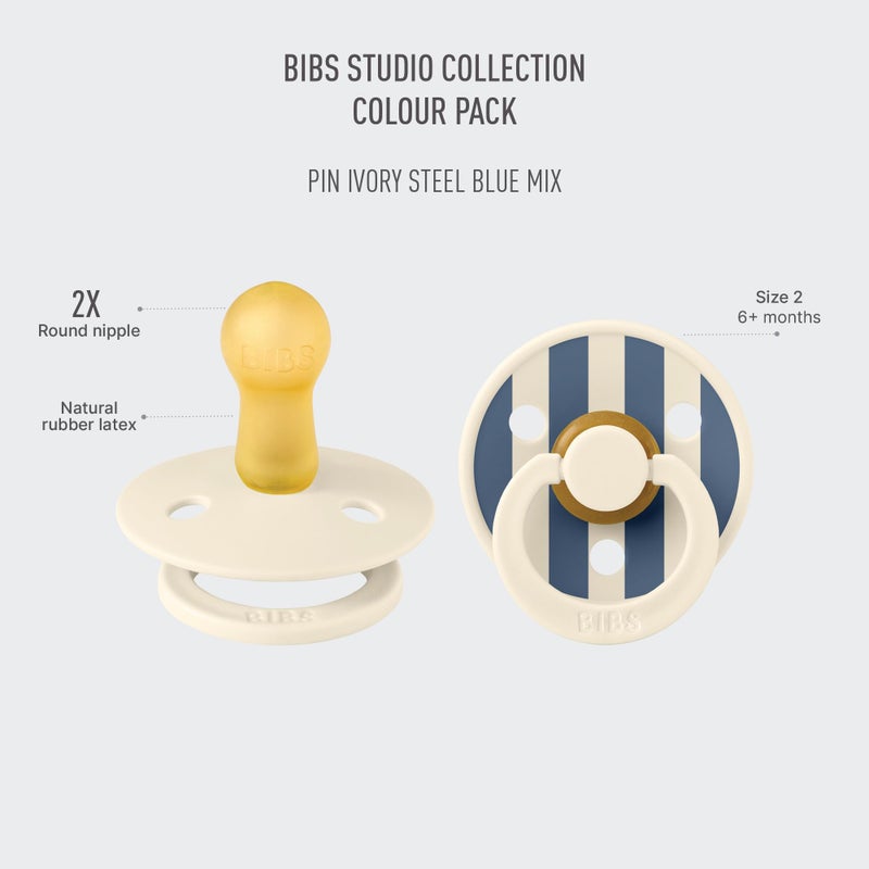 BIBS Pacifiers - Studio 2 Pack | Round Nipple Baby Pacifier | BPA Free Natural Rubber Latex Soother | Made in Denmark | Size 6+ Months | Pin Ivory Steel Blue - Image 2