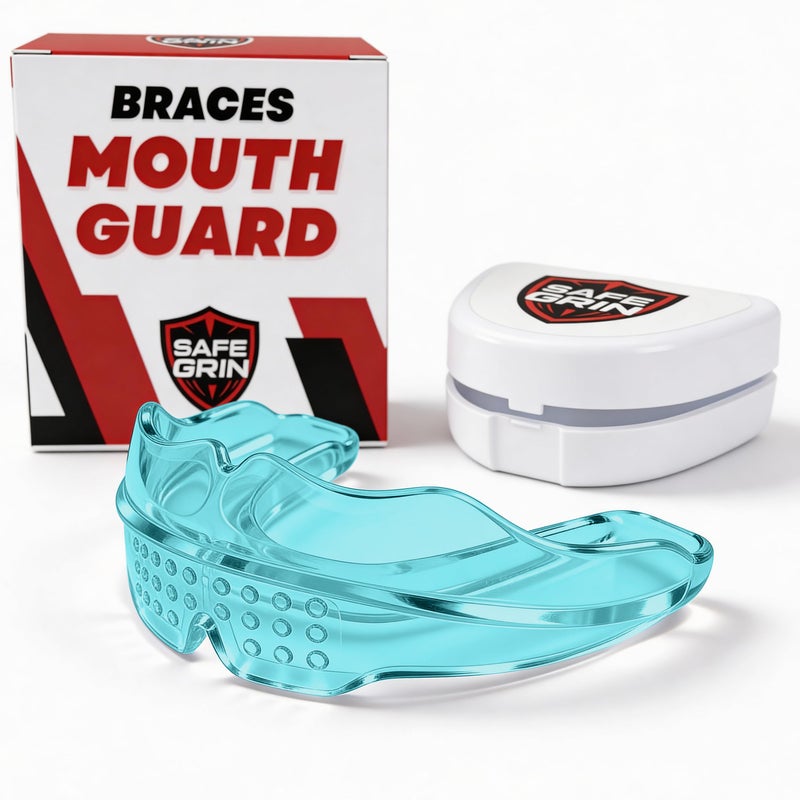 SAFE GRIN Mouth Guard for Sports - Premium Silicone Upper & Lower Teeth Protection - Football, Lacrosse, Hockey, Baseball - Fit for Youth and Teens (Blue, MouthGuard for Braces) - Image 1