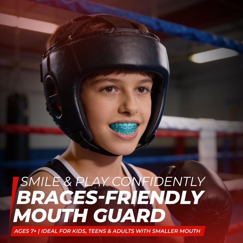 SAFE GRIN Mouth Guard for Sports - Premium Silicone Upper & Lower Teeth Protection - Football, Lacrosse, Hockey, Baseball - Fit for Youth and Teens (Blue, MouthGuard for Braces) - Image 2